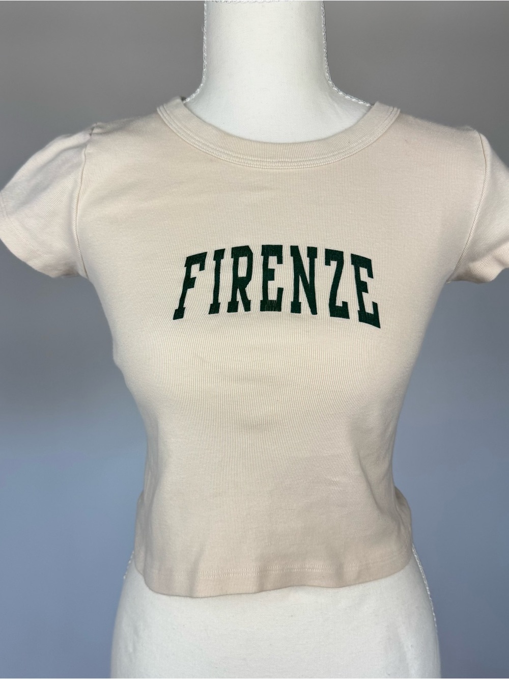 Brandy Melville Firenze Crop Tee - Cream with Dark Green Print